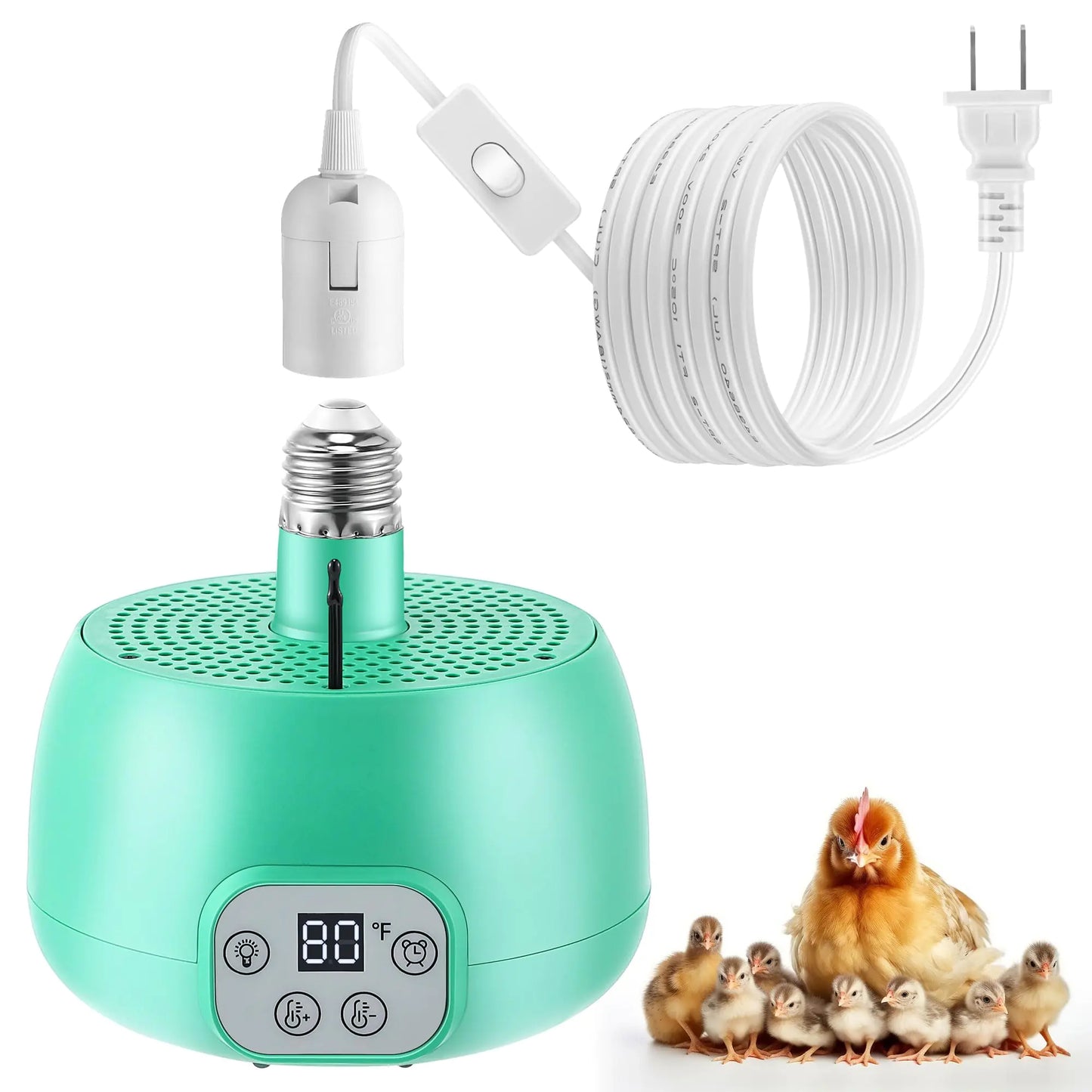 Gulfmew Chicken Coop Heater Timing Chicken Heat Lamp Smart Temperature Control Chicken Brooder Heater 5 ft Ultra Long Cable Reptile Heating Lamp for Poultry Chicken Reptile Pet Dog Cats (1)