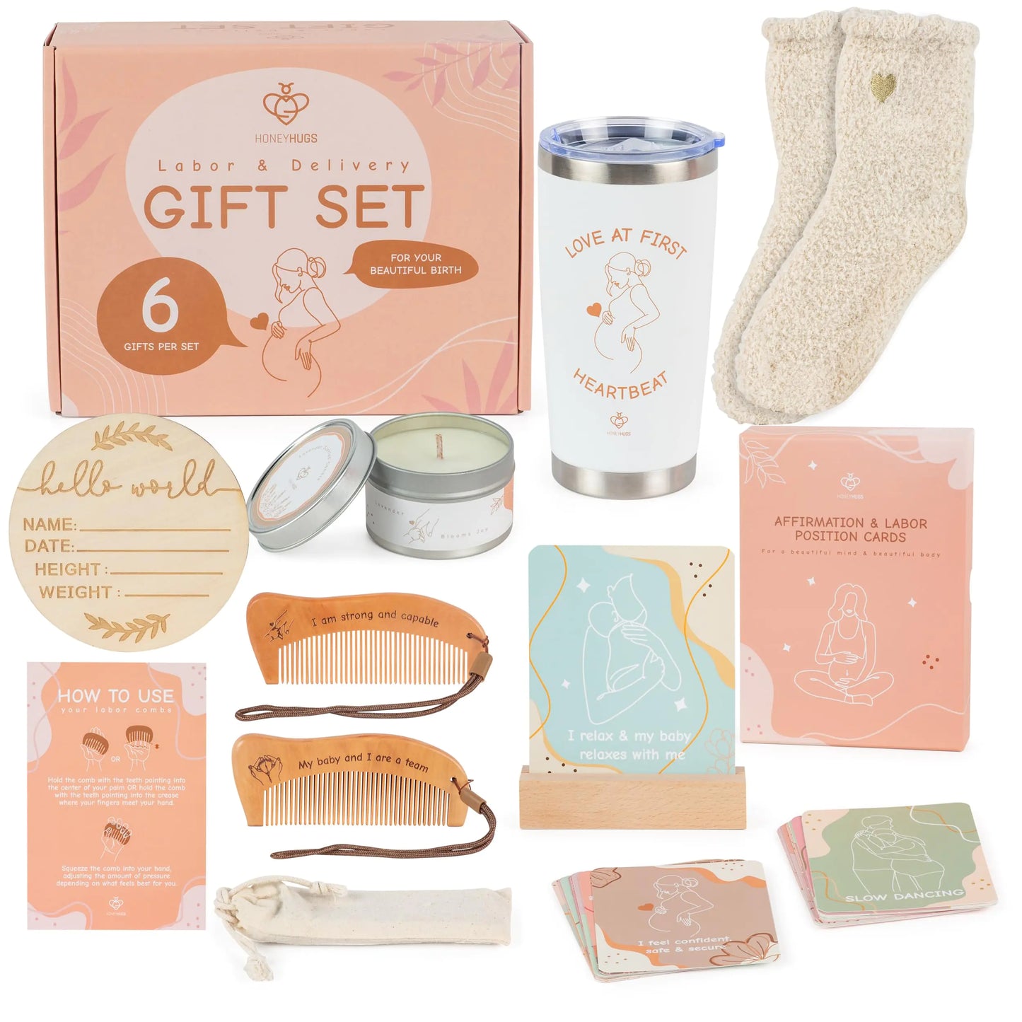 Labor and Delivery Essentials for Pregnant Women - Expecting Mom Gifts with Labor Comb Pregnancy Socks Affirmation and Labor Prep Position Cards Candle Tumbler and More