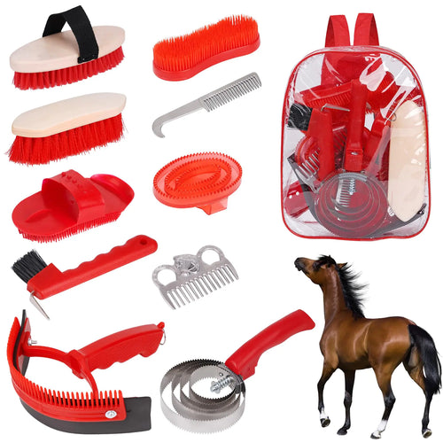 KHEARPSL Horse Grooming Kit Horse Brushes for Grooming 10pcs Horse Cleaning Tool Set with Tote Bag Sweat Scraper Curry Comb Brush Hoof Pick Horse Bathing Grooming Supplies Equine Care Supplies