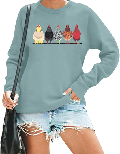 VILOVE Chicken Sweatshirt Tshirt Mom Pullover Women: Chicken Graphic Hoodie Chicken Mom Tops Farm Life Pullover Green