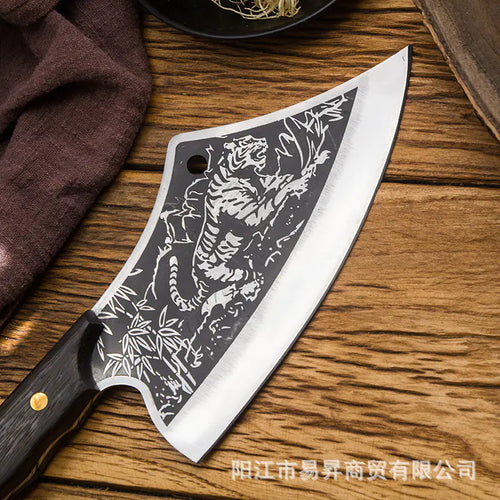 Tiger Pattern Chicken and Fish Cleaver with Leather Case