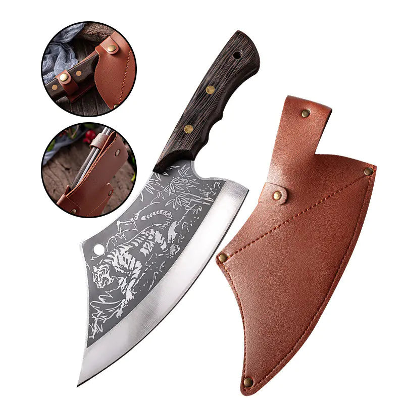 Tiger Pattern Chicken and Fish Cleaver with Leather Case