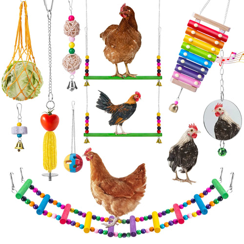 EBaokuup 10PCS Chicken Toys for Hens Chicken Xylophone Toy Chicken Bridge Swing Toys Chicken Pecking Toys Chicken Mirror Toys and Vegetable Hanging Feeder for Chicken Hens