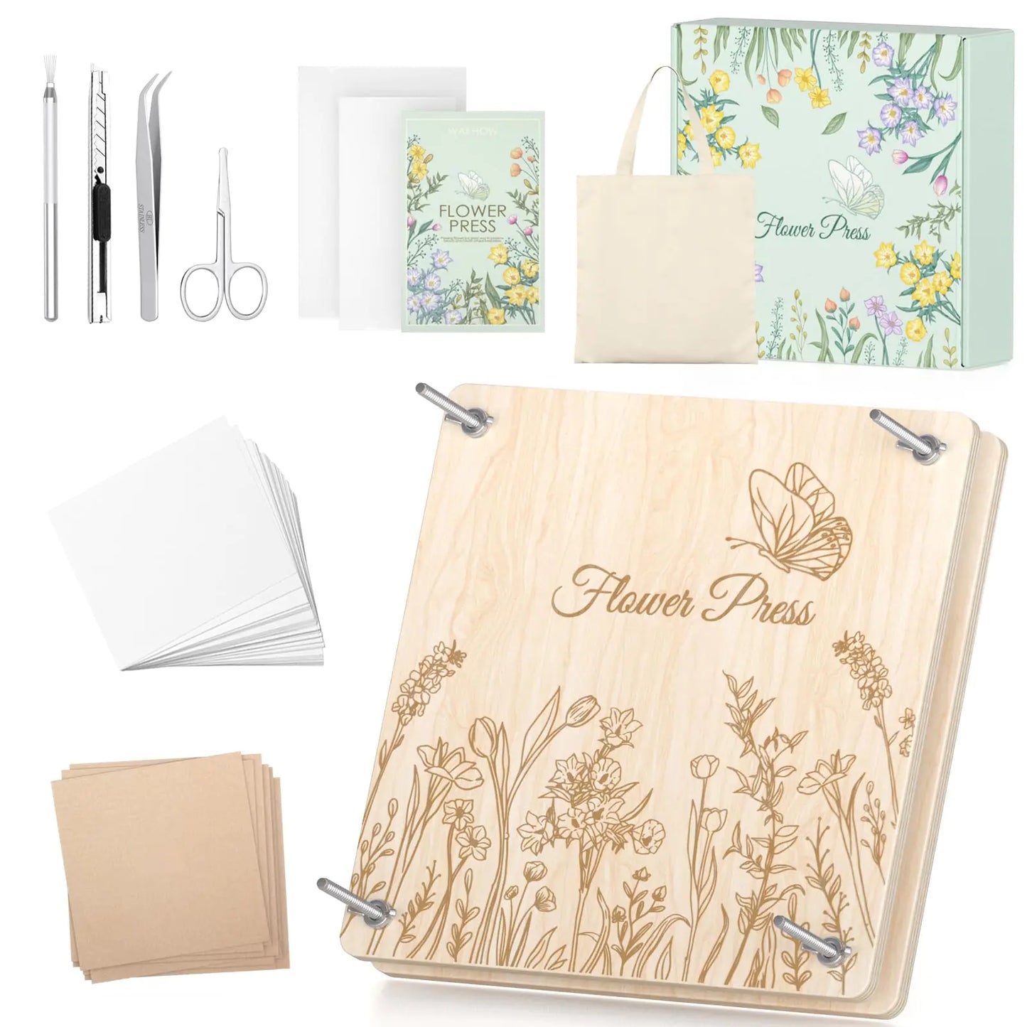 Wakhow Flower Press Kit 11.02" x 11.02" Large Wooden Flower Press Flower Pressing Kit for Adults & Kids DIY Flower Drying Art Kit Flower Preservation Craft Ideal Gift for Flower & Plant Lovers