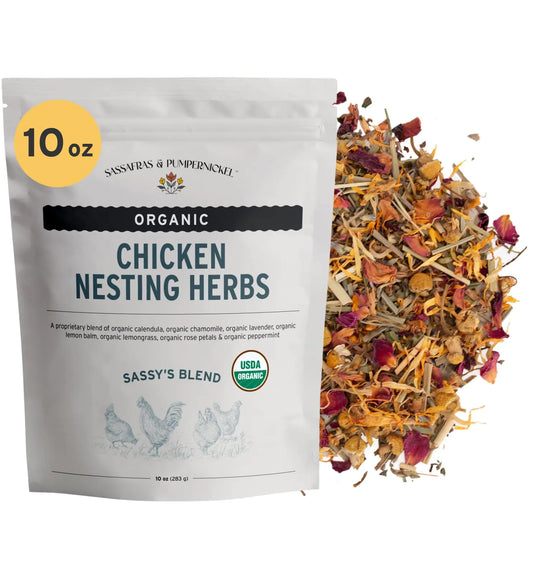 Sassafras & Pumpernickels Certified USDA Organic Chicken Nesting Herbs (10 oz Resealable Bag) Aromatic Herbs for Coops and Nest Boxes nesting herbs for chicken coop coop refresher for chickens