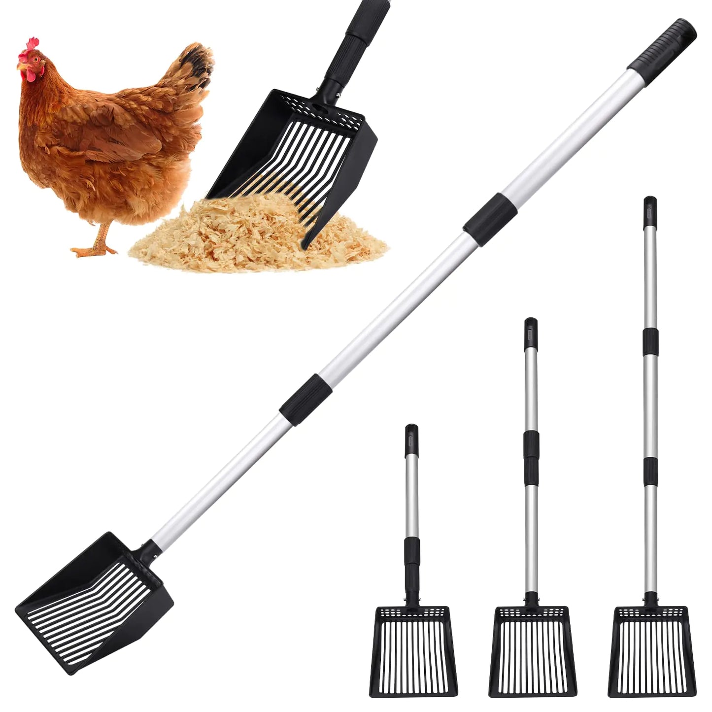 BABORUI Metal Chicken Poop Scooper Stretchable Litter Scooper for Chicken(21 to 39.5 Inch) Detachable Stainless Steel Chicken Coop Cleaning Tools Heavy Duty Poop Shovel for Chicken Coop Accessories