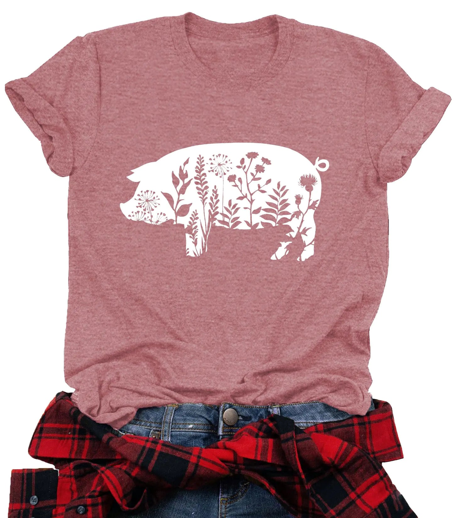 Pig Shirts for Women Berkshire Pig Tshirt Funny Animal Floral Graphic Tees for Pig Lovers Farm Tops Pink