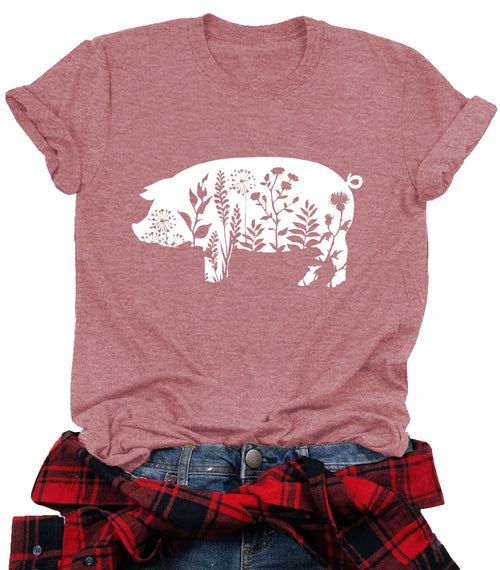 Pig Shirts for Women Berkshire Pig Tshirt Funny Animal Floral Graphic Tees for Pig Lovers Farm Tops Pink