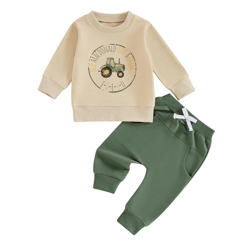 FYBITBO Infant Toddler Baby Boys Fall Clothes Long Sleeve Shirts Tops and Pants Farm Tractor Outfits Winter Clothing Sets (Apricot-Old macdonald had a farm 6-12 Months)